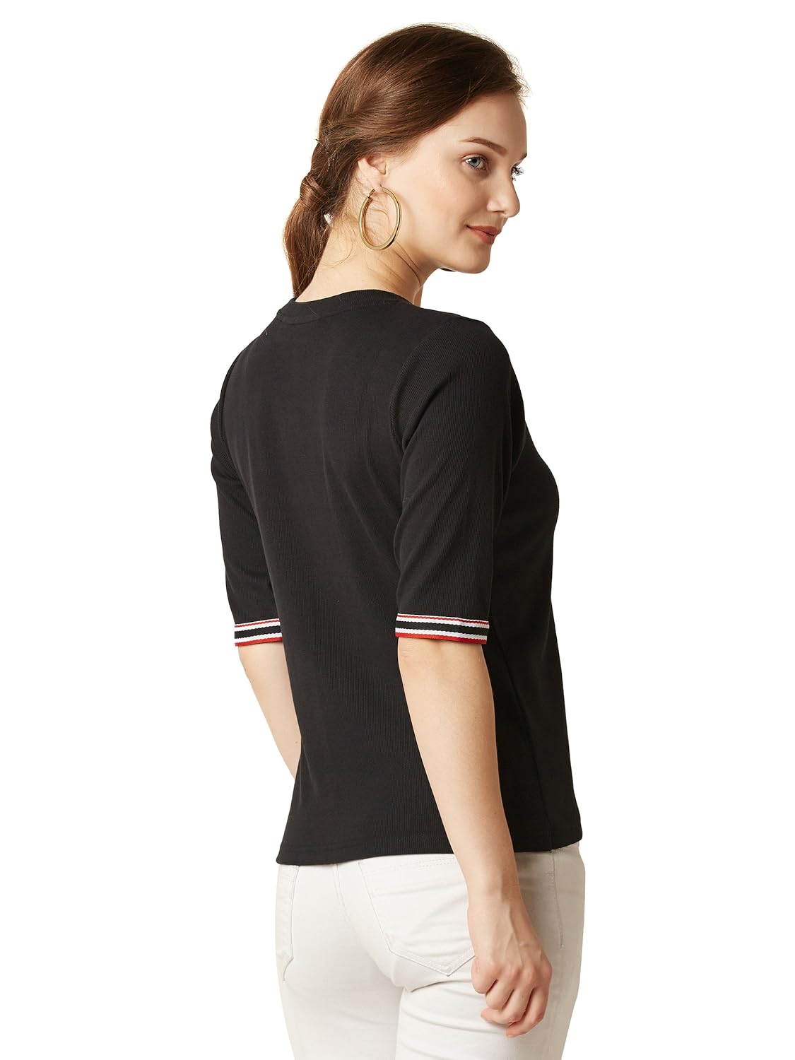 Women's Yellow Short Sleeve Round Neck Solid Lace Panelled Top - Image 4