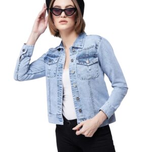 Women's Cotton Blend Collared Full Sleeves Solid Buttoned Short Length Denim Jacket