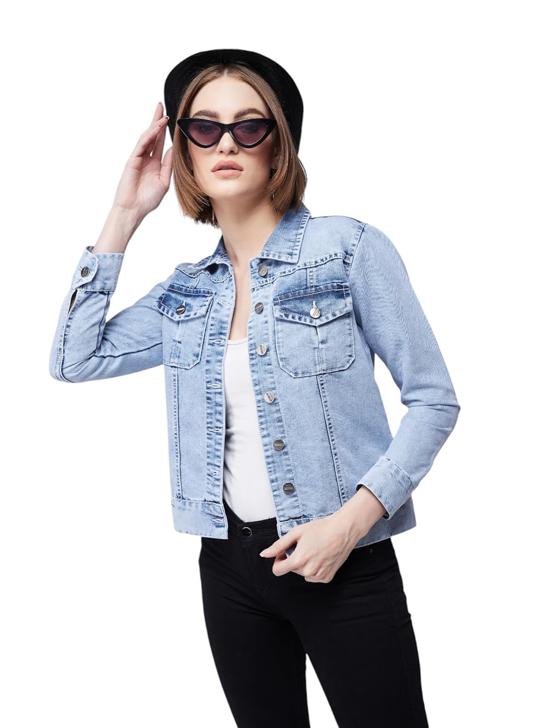 Women's Cotton Blend Collared Full Sleeves Solid Buttoned Short Length Denim Jacket