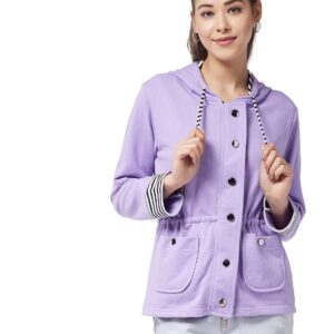 Women's Multicolor-Base Lavender Hooded Full Sleeve Solid Waist Tie-Up Regular Jacket