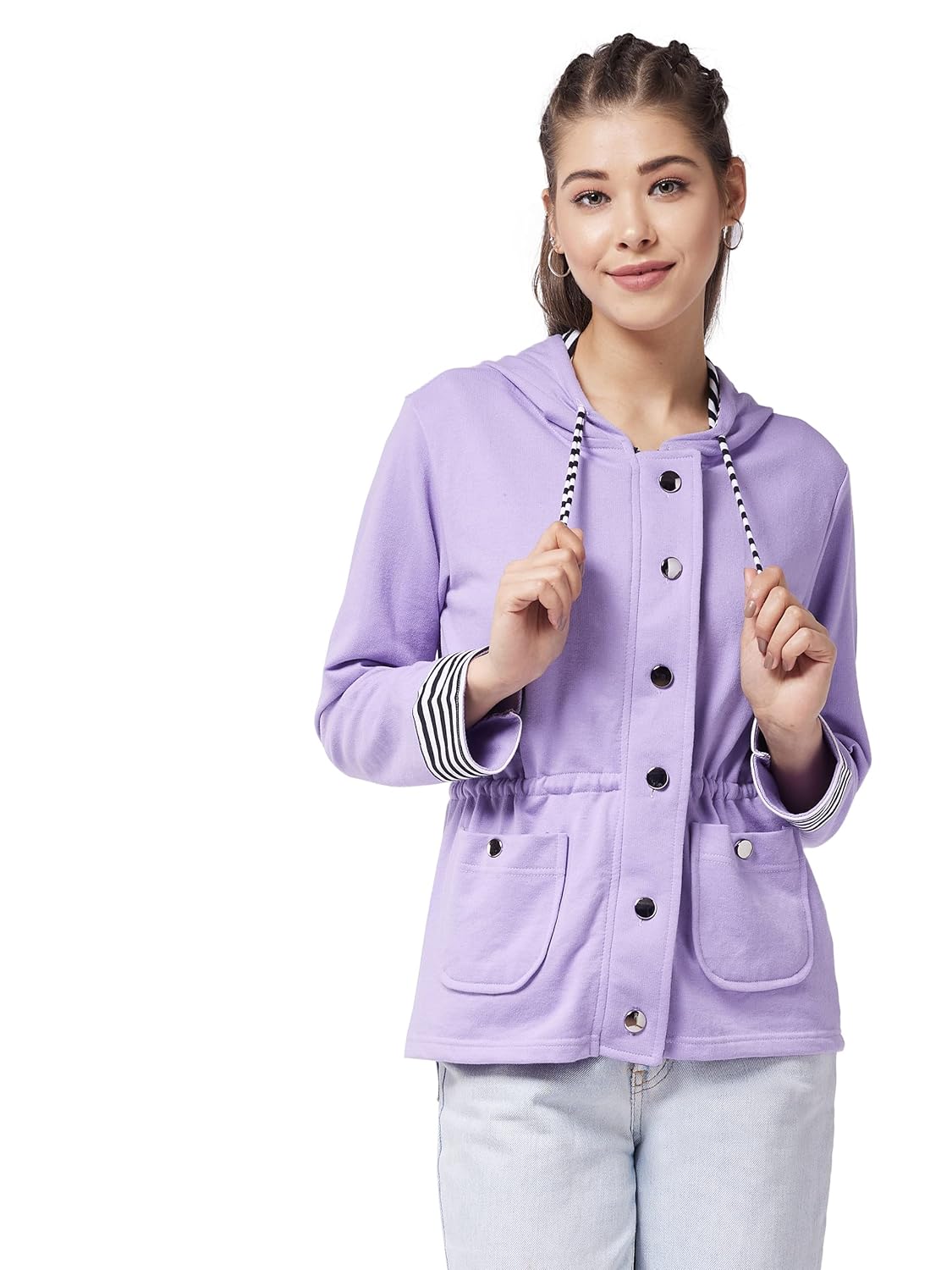 Women's Multicolor-Base Lavender Hooded Full Sleeve Solid Waist Tie-Up Regular Jacket