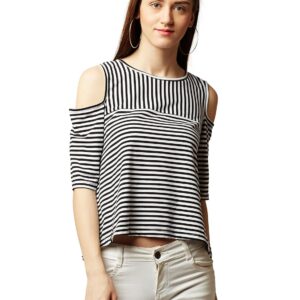 Women's Maroon and White Striped Cold Shoulder Top