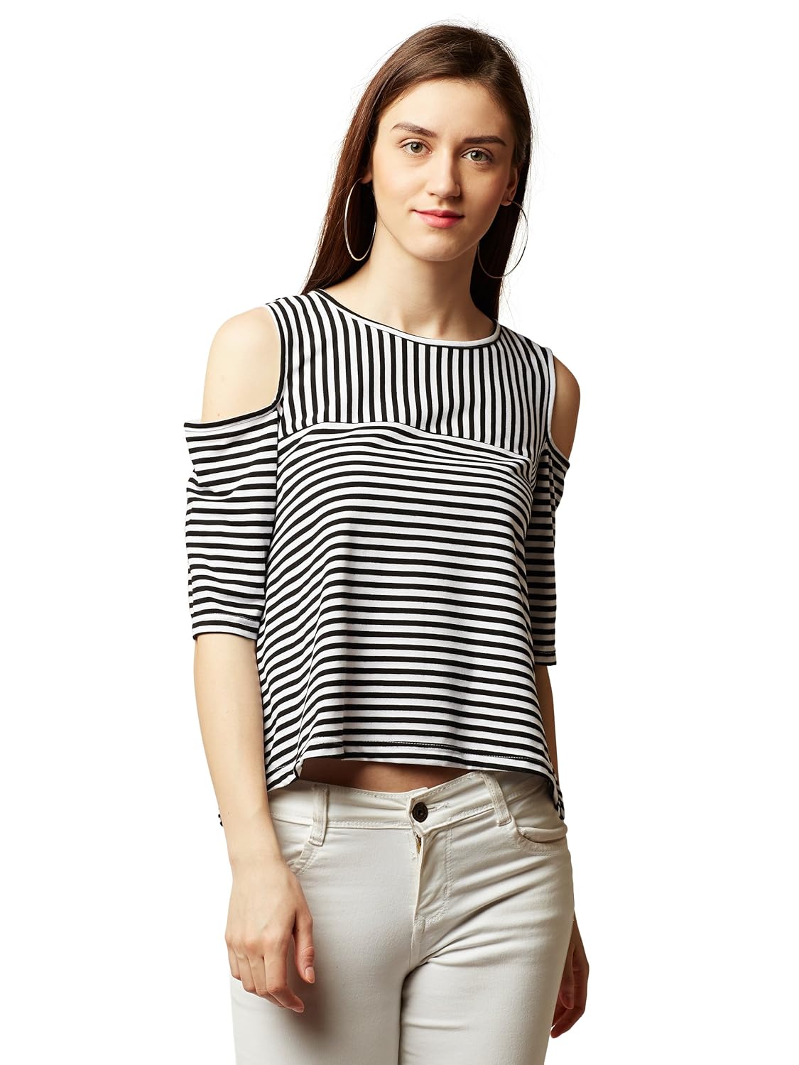 Women's Maroon and White Striped Cold Shoulder Top
