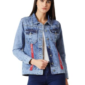 Women's Light Blue Collared Full Sleeve Buttoned Twill Tape Detailing Solid Denim Jacket