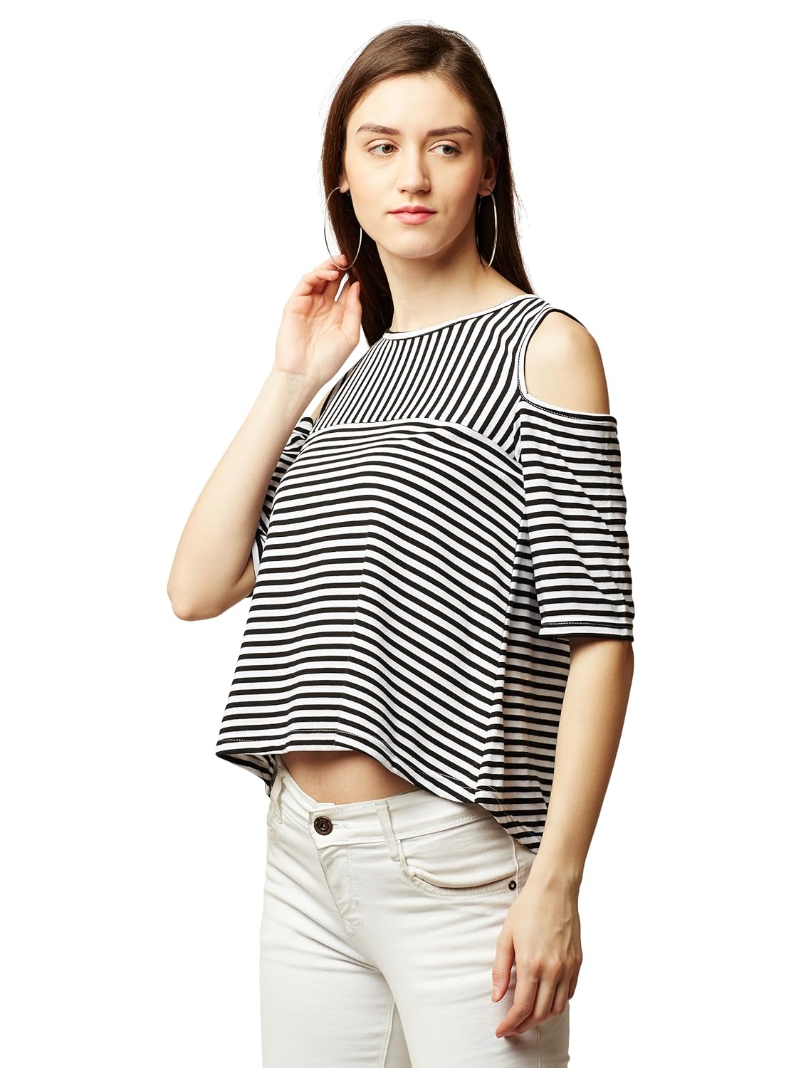 Women's Maroon and White Striped Cold Shoulder Top - Image 3