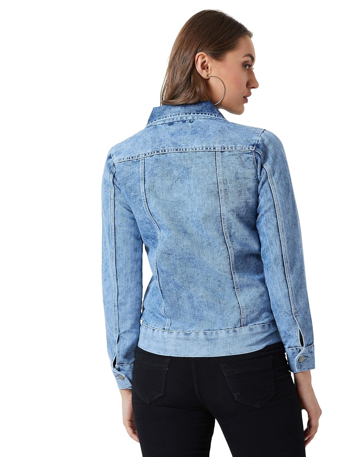 Women's Light Blue Collared Solid Full Sleeve Regular Length Denim Jacket - Image 4