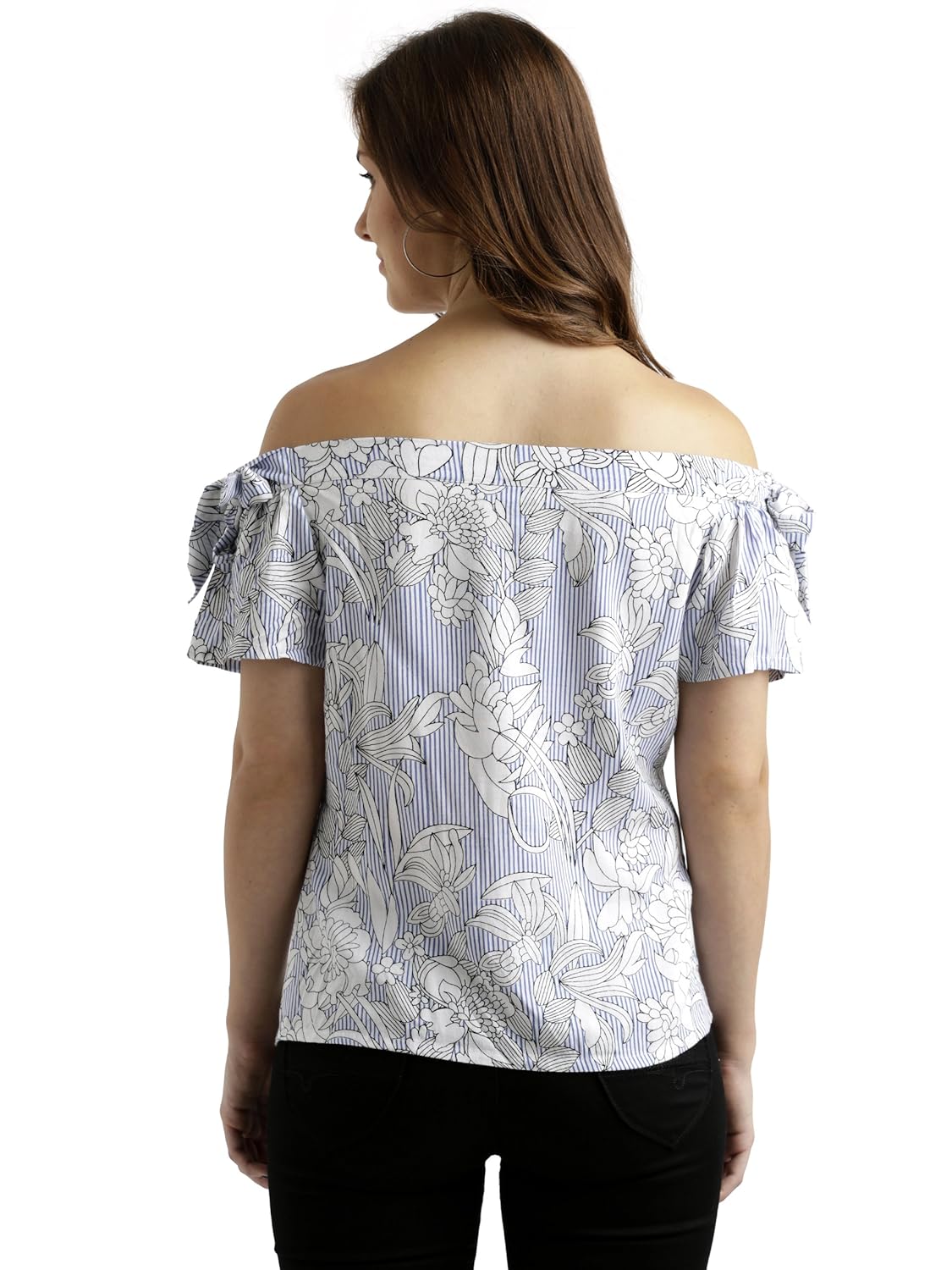 Women's Blue and White Off-Shoulder Printed Top - Image 4