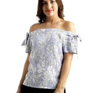 Women's Blue and White Off-Shoulder Printed Top