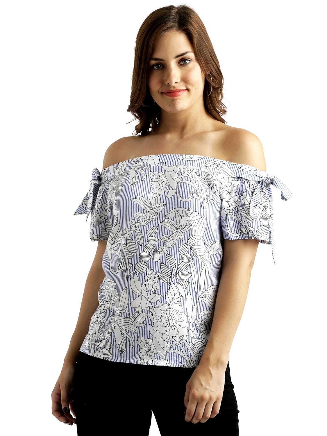 Women's Blue and White Off-Shoulder Printed Top