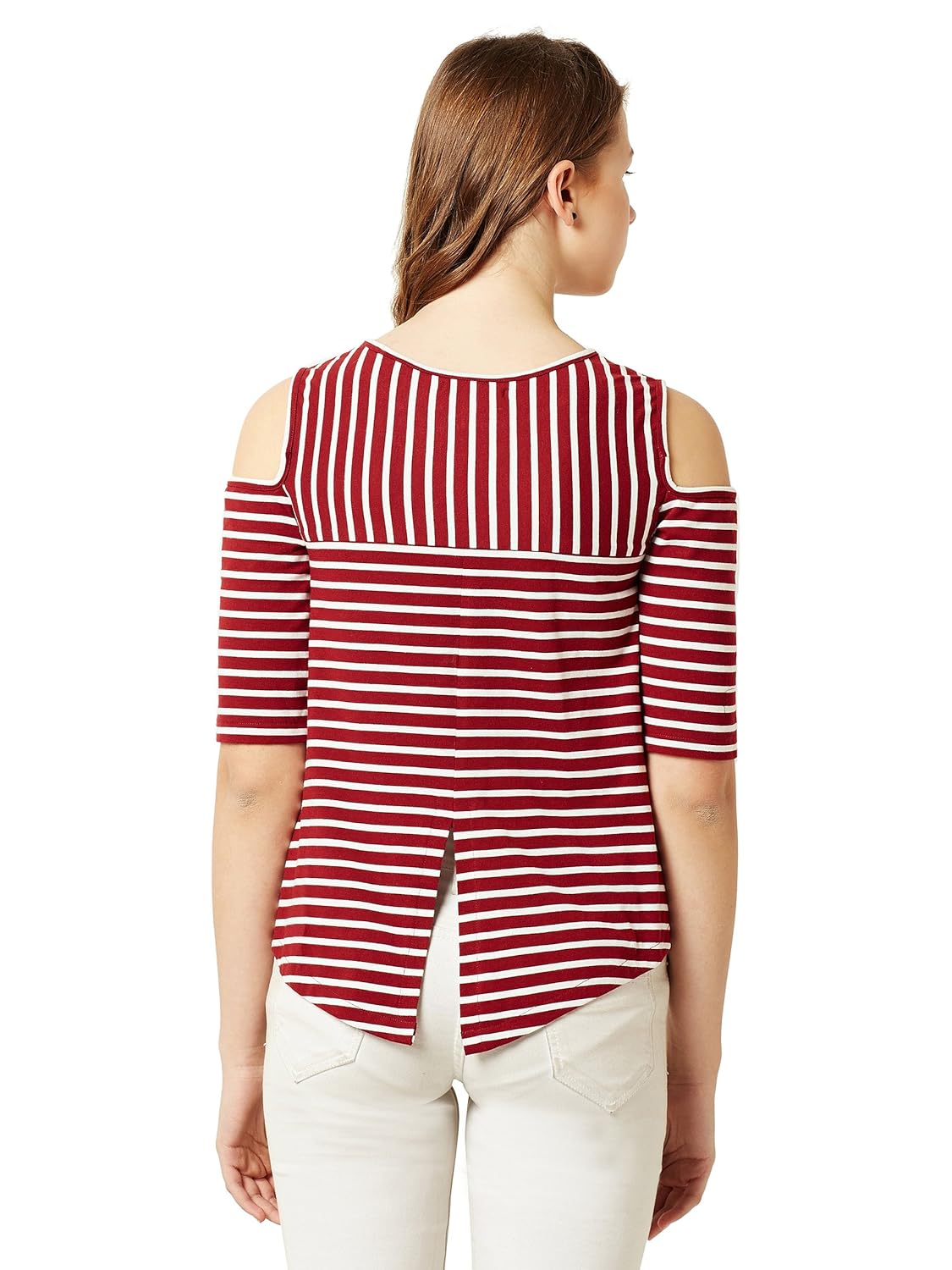 Women's Maroon and White Striped Cold Shoulder Top - Image 8