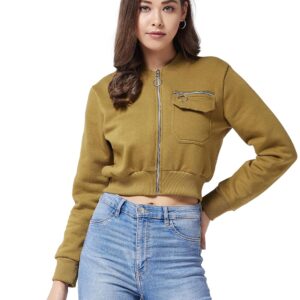 Women's Cotton Round Neck Full Sleeve Solid Bomber Crop Cropped Length Jacket