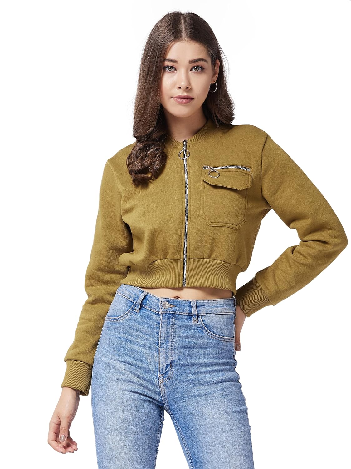 Women's Cotton Round Neck Full Sleeve Solid Bomber Crop Cropped Length Jacket
