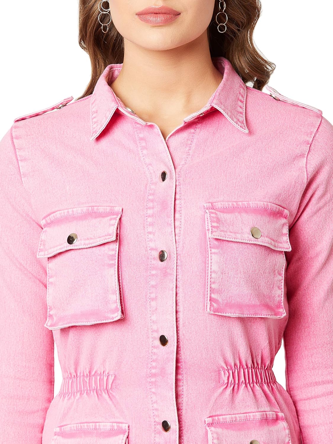Women's Pink Denim Solid Jacket - Image 6