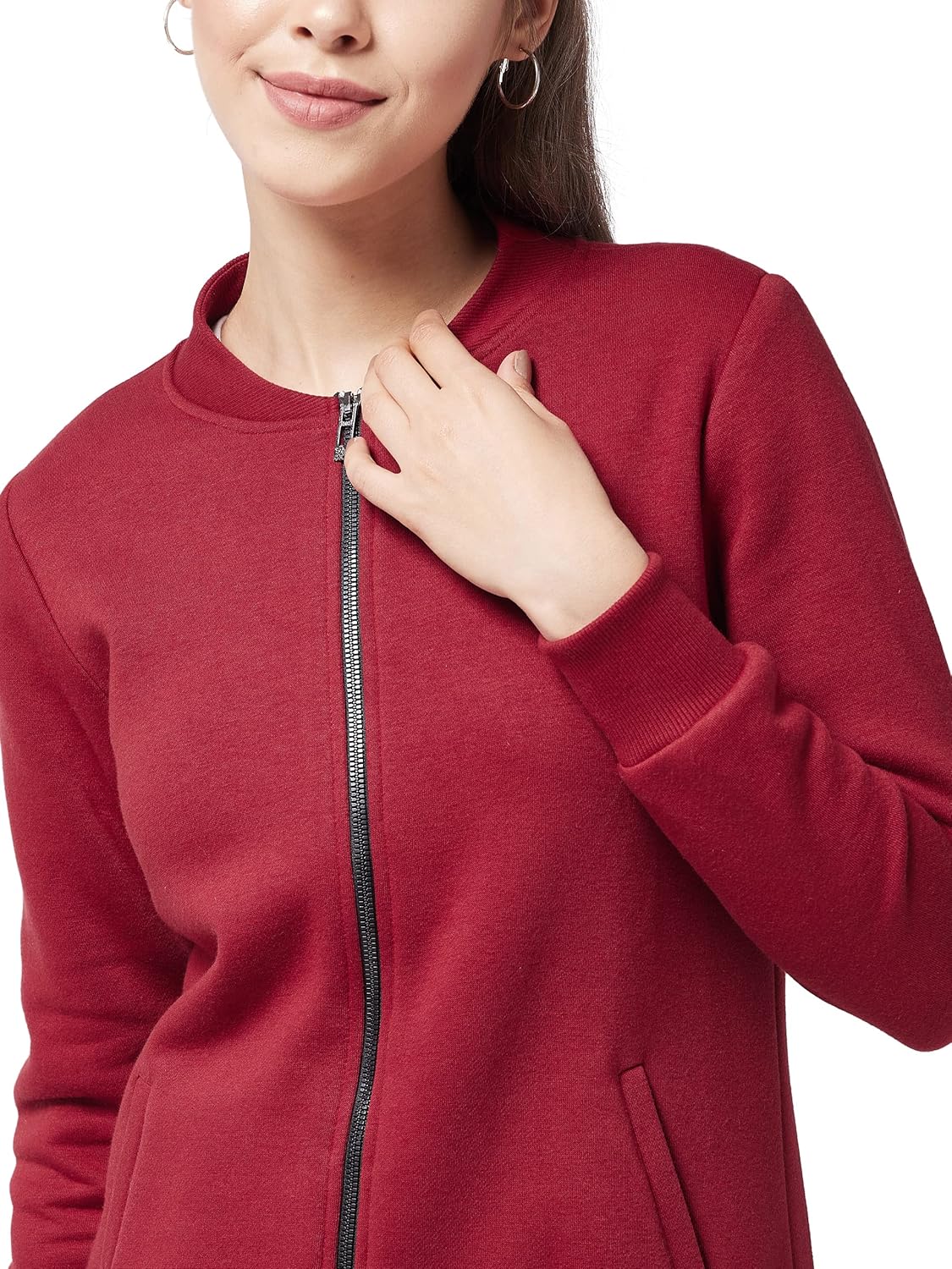 Women's Maroon V-Neck Full Sleeve Solid Bomber Regular Jacket - Image 5