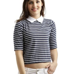 Women's Maroon and White Half Sleeves Round Neck Striped Crop Top