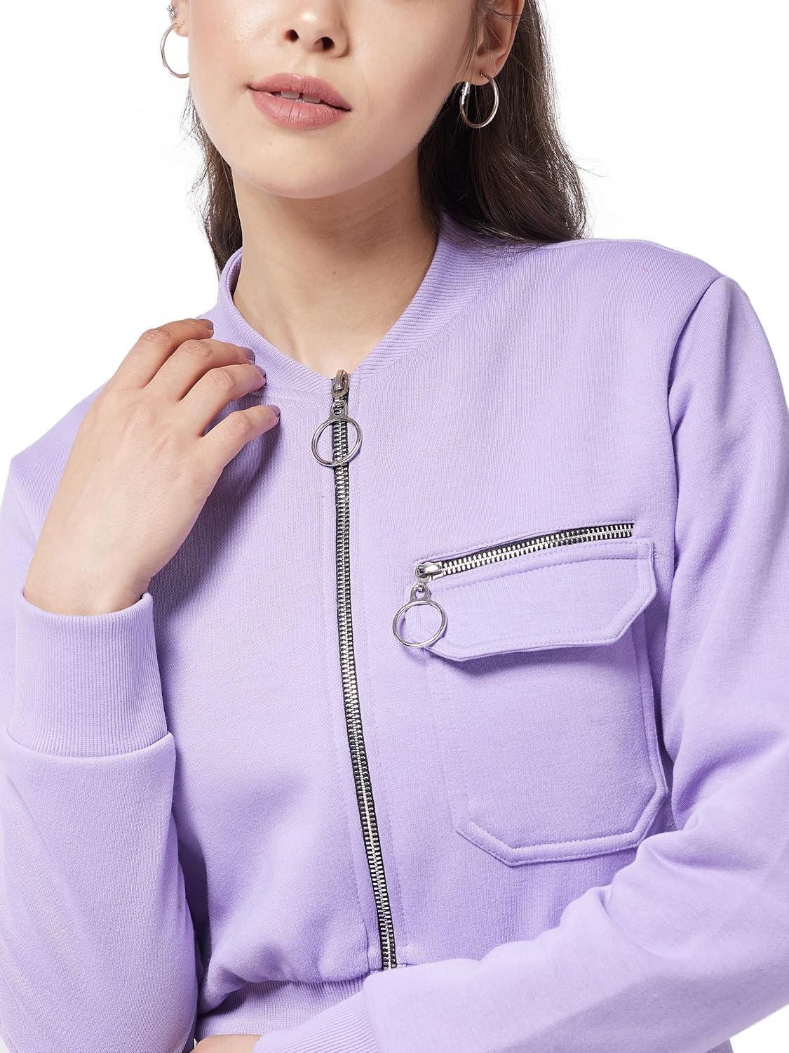 Women's Lavender Round Neck Full Sleeve Cotton Solid Bomber Crop Jacket - Image 5