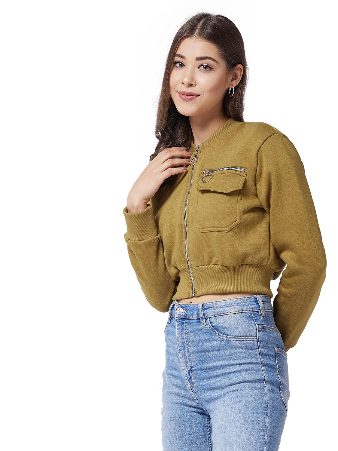 Women's Cotton Round Neck Full Sleeve Solid Bomber Crop Cropped Length Jacket - Image 3