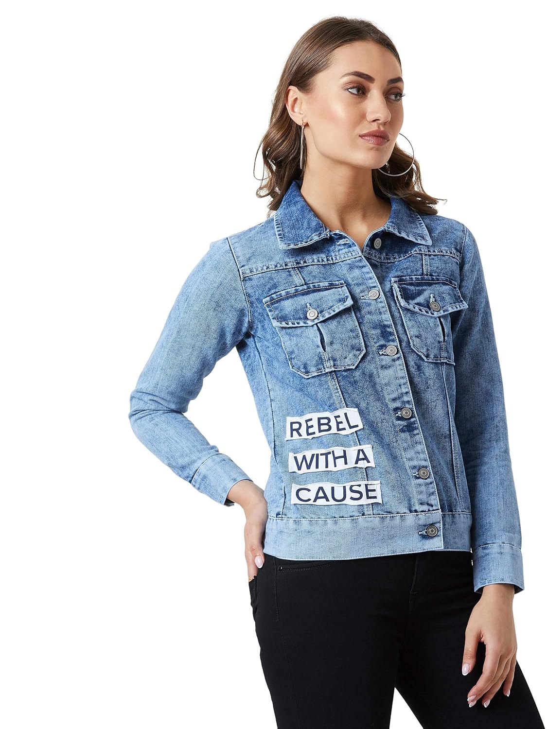 Women's Light Blue Collared Solid Full Sleeve Regular Length Denim Jacket - Image 3