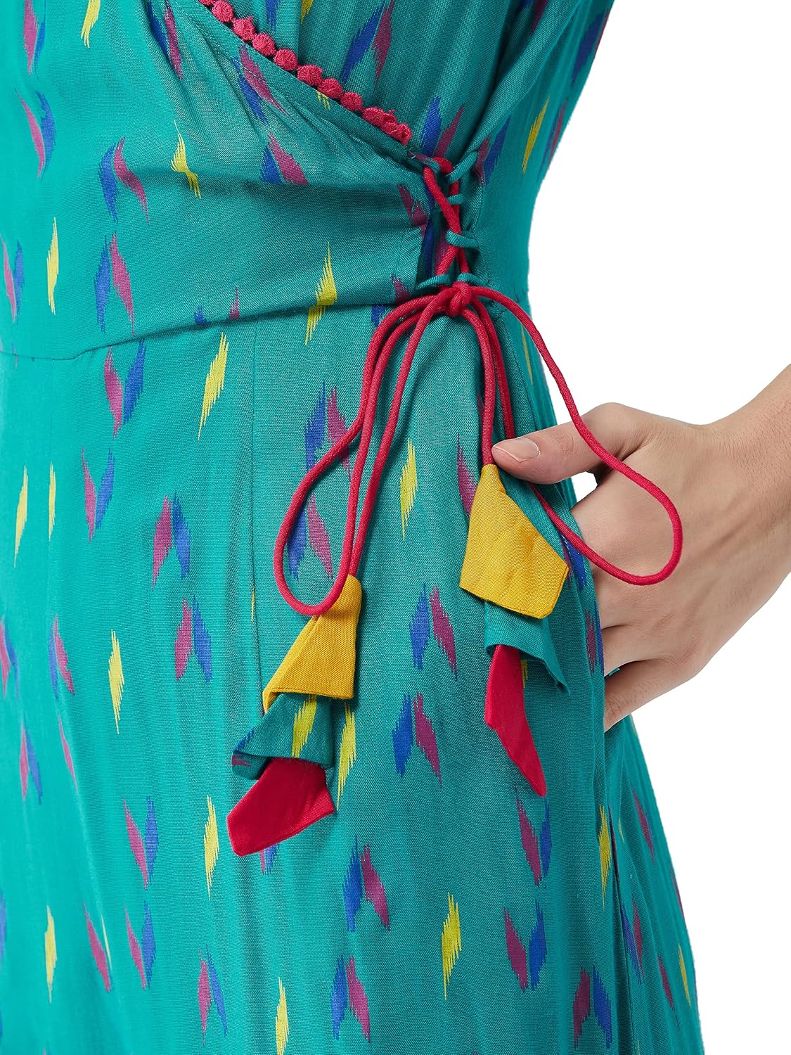 Women's Green Tribal Self-Printed Relaxed Fit Half Sleeve V-Neck Ankle-Length Straight Jumpsuit - Image 6