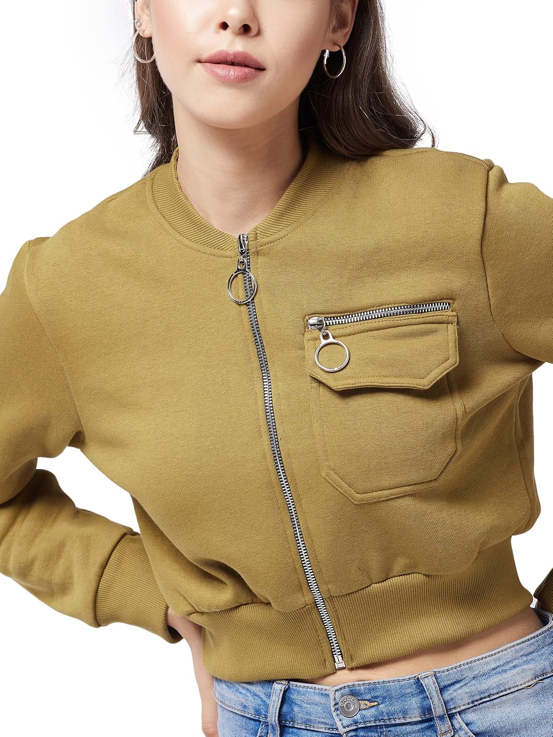 Women's Cotton Round Neck Full Sleeve Solid Bomber Crop Cropped Length Jacket - Image 5