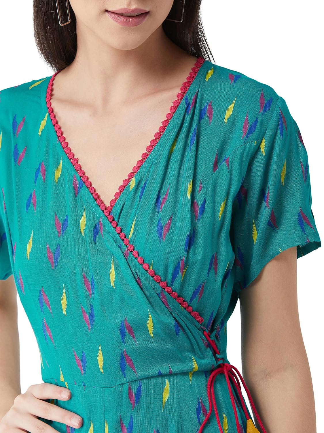 Women's Green Tribal Self-Printed Relaxed Fit Half Sleeve V-Neck Ankle-Length Straight Jumpsuit - Image 5