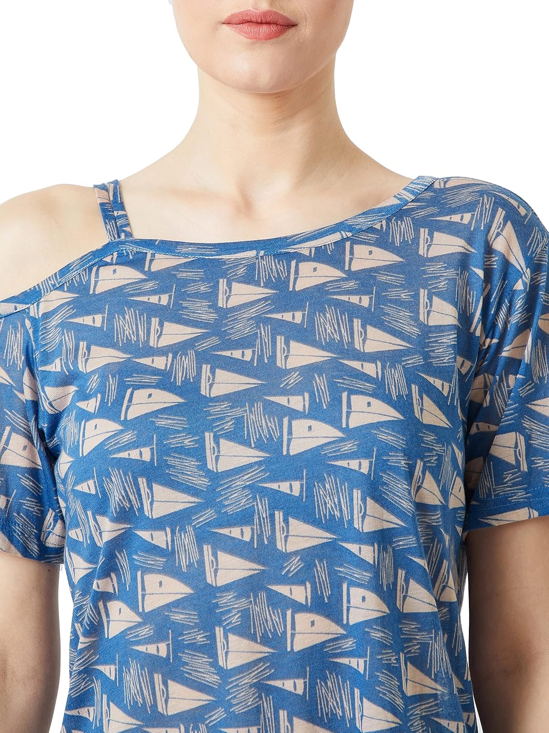 Women's Multicolor One-Shoulder Short Sleeve Nautical Shoulder Straps Regular Top - Image 5