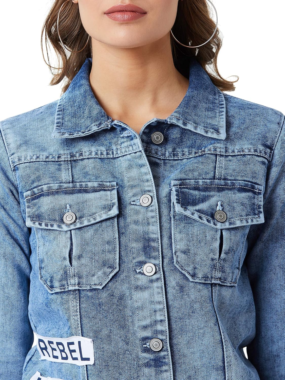 Women's Light Blue Collared Solid Full Sleeve Regular Length Denim Jacket - Image 6