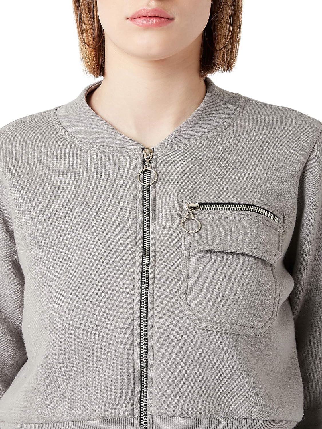 Women's Grey Collared Full Sleeves Solid Bomber Cropped Jacket - Image 5