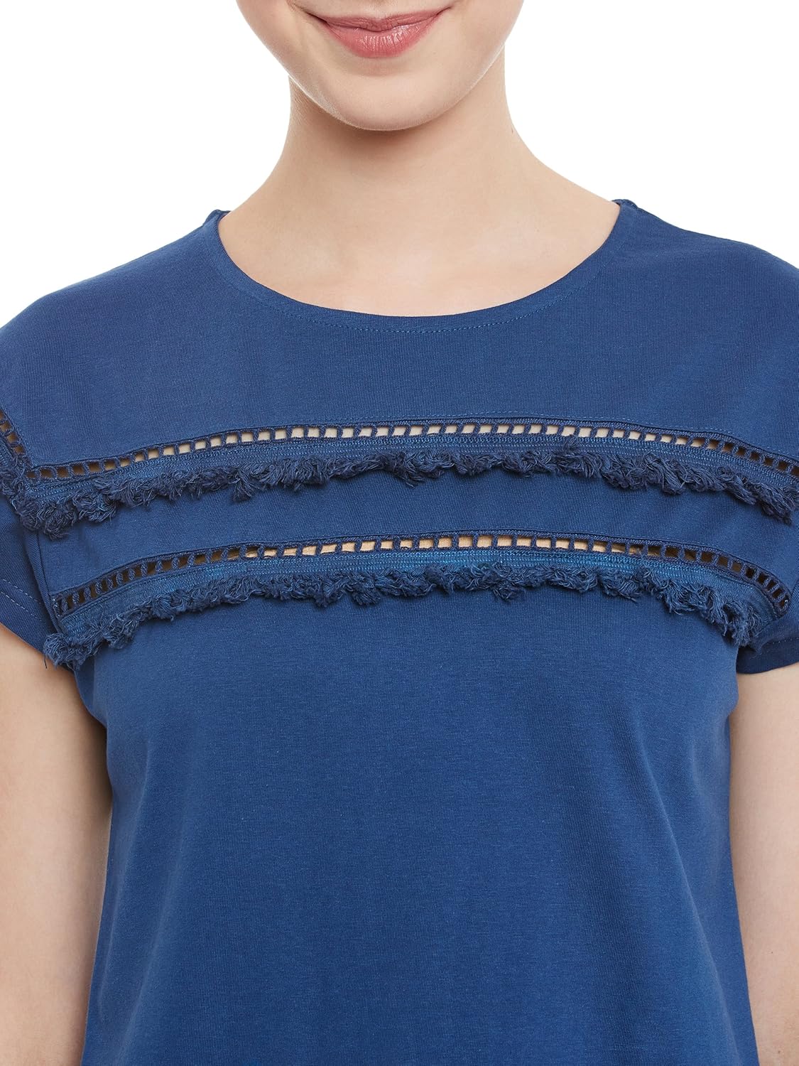 Women's Yellow Short Sleeve Round Neck Solid Lace Panelled Top - Image 22