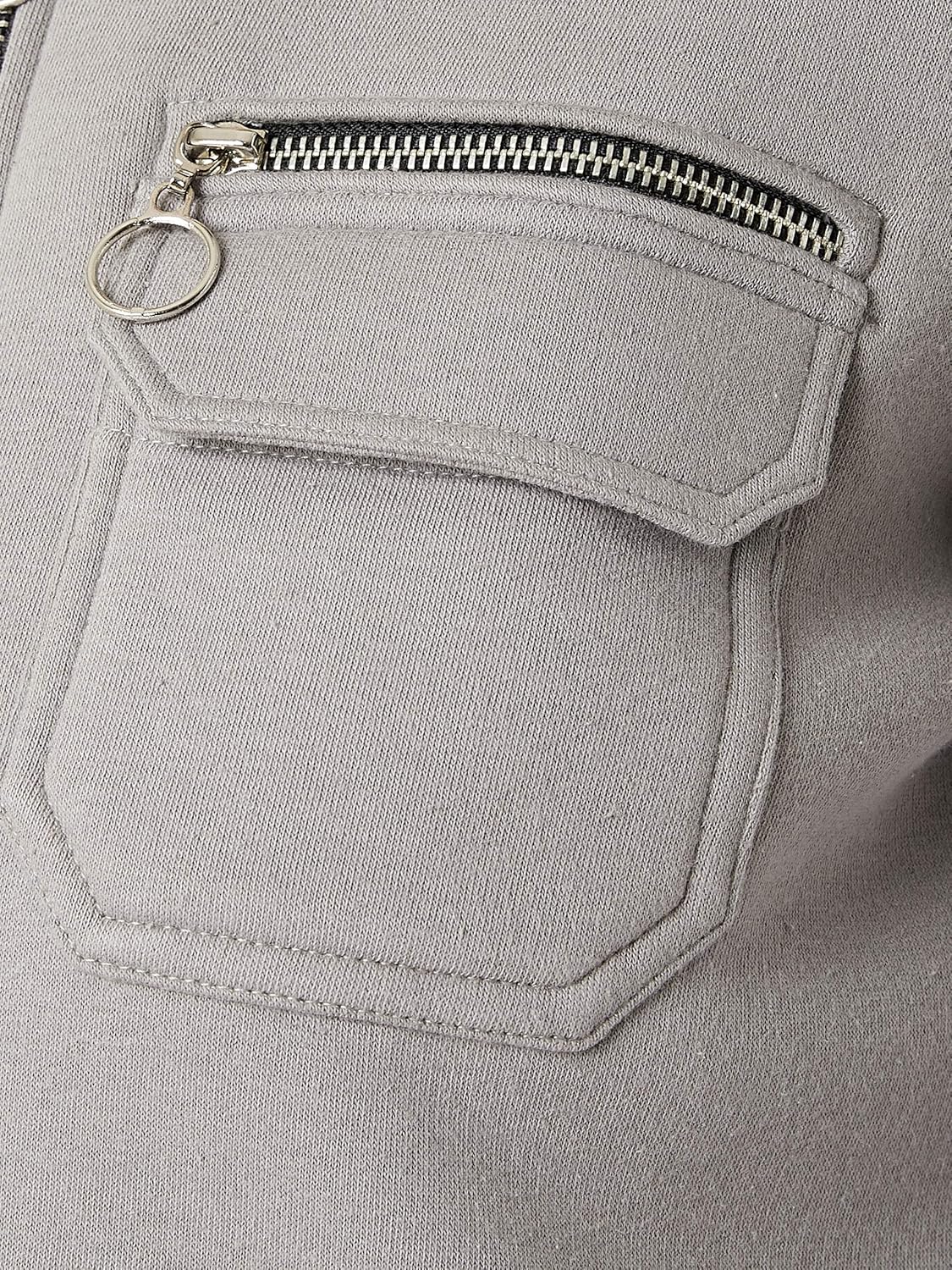 Women's Grey Collared Full Sleeves Solid Bomber Cropped Jacket - Image 13